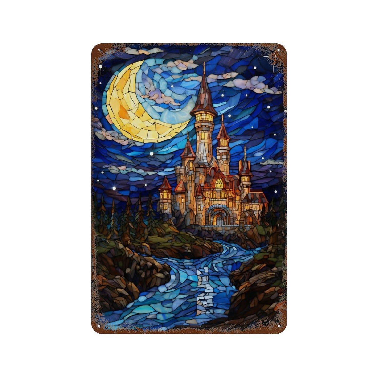 Stained Glass Castle Night Scene Decorative Tin Sign 11.8"x7.9", Industrial Home Decor for Garage, Pub Or Kitchen