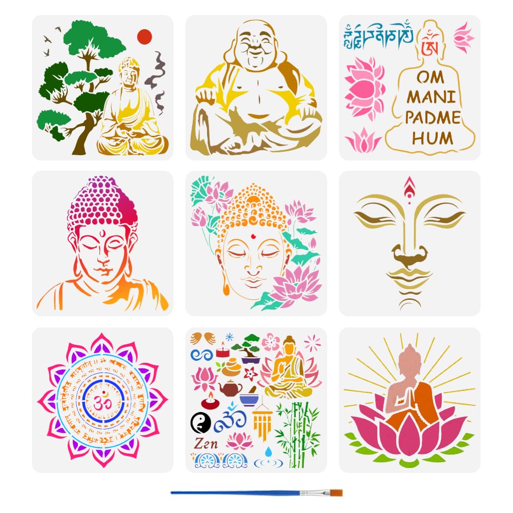 FINGERINSPIRE 9Pcs Religious Pattern Stencils with a Brush 30x30cm Buddha Painting Stencil Yoga Pattern Stencils PET Mandala Stencil Lotus Flower Template for Wood Wall Floor Tiles Furniture