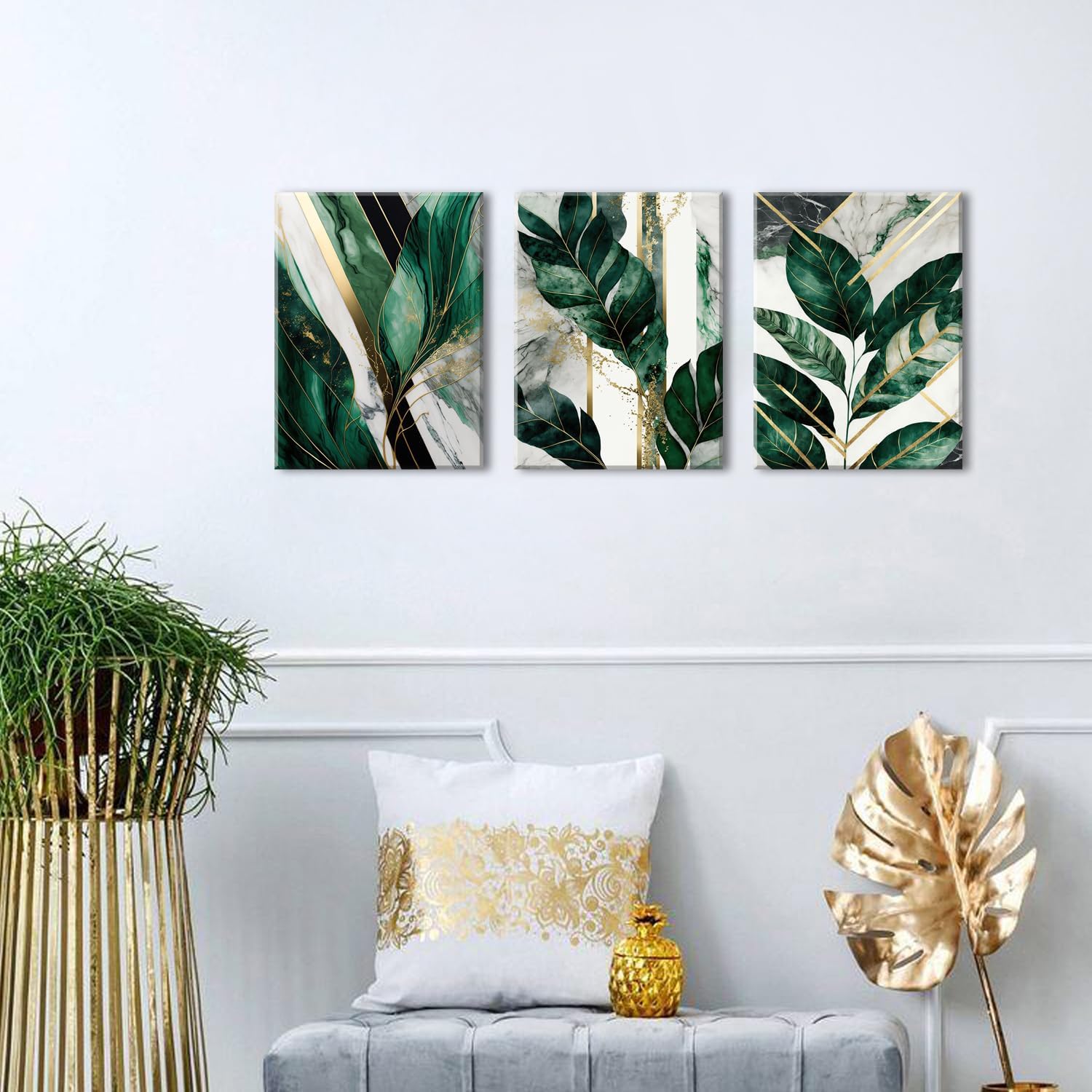 Botanical Plant Wall Art Emerald Green Wall Decor Bathroom Abstract Tropical Leaf Pictures for Living Room Green Marble Canvas Painting Monstera Sage Posters Boho Artwork Home Decoration 12x16” 3P