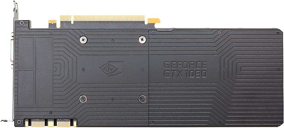 Plat belakang view of the EVGA GTX 1080 graphics card with GeForce GTX 1080 branding