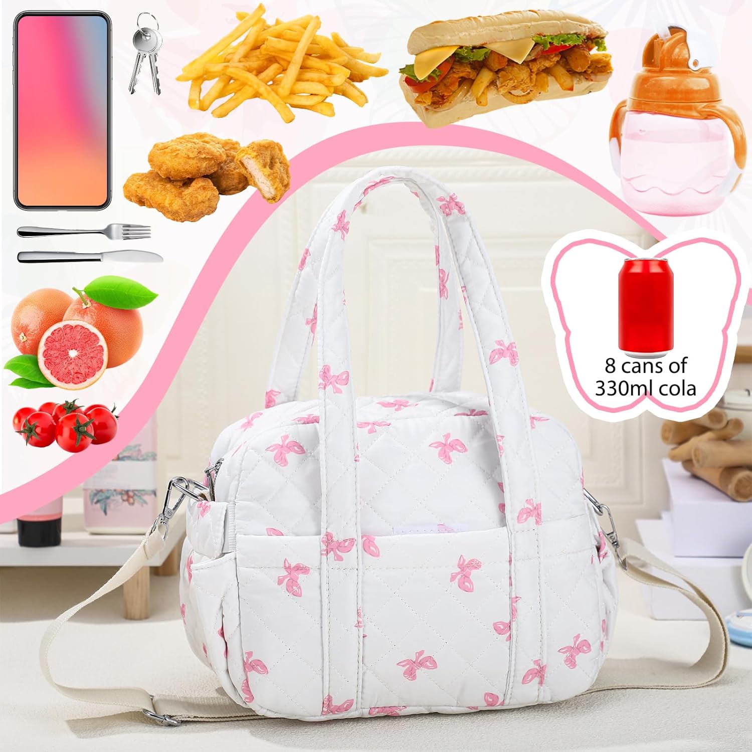 Zhehao Cute Lunch Bag for Women Quilted Insulated Lunch Box Shoulder Strap Crossbody Portable Leakproof Cooler Tote Bag for Teacher Staff Office Gift Travel Outdoor Picnic(Pink Bow) - Image 4