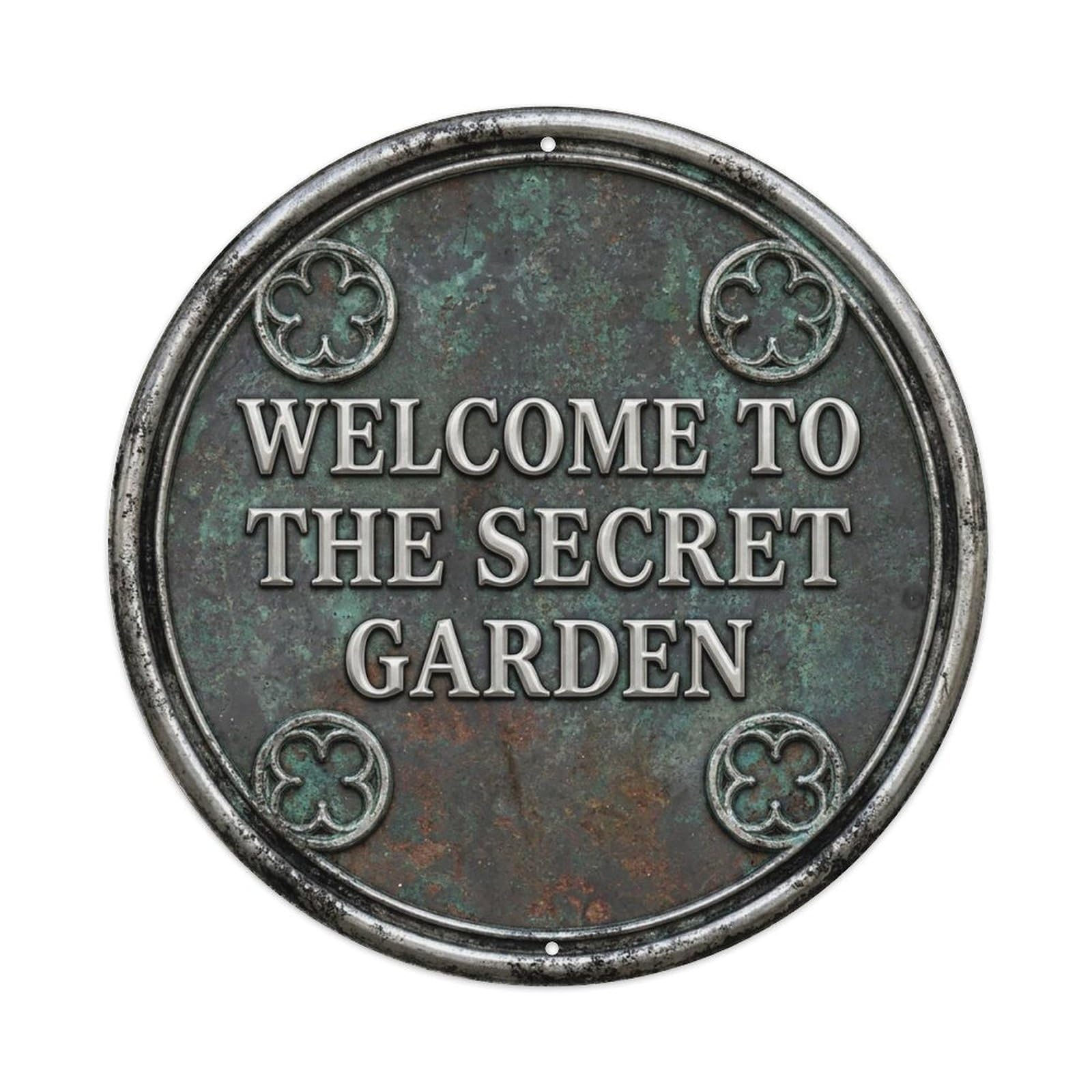 Vintage Welcome Secret Garden Silver Charcoal Cinquefoil Metal Tin Sign