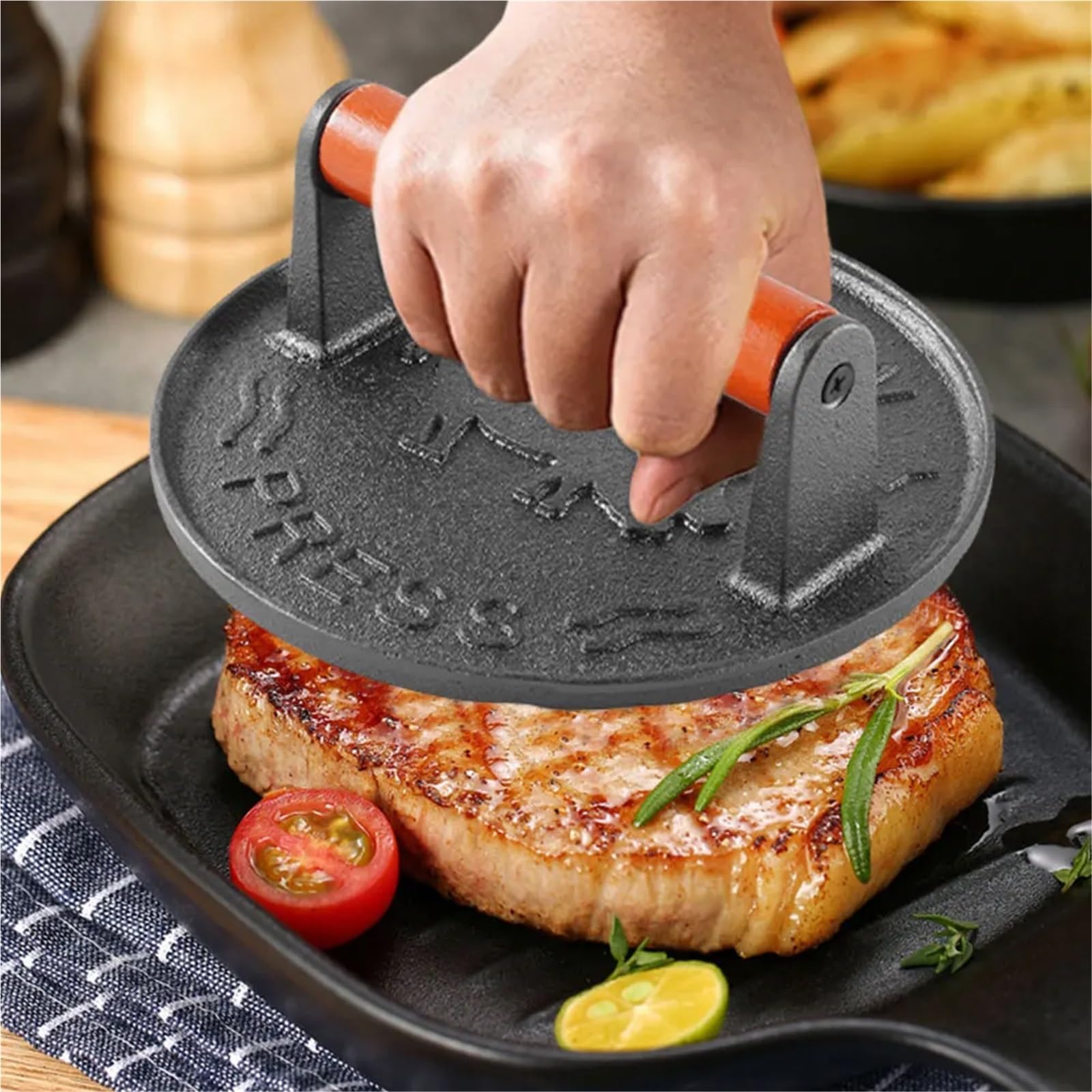 hamburgerpresse Burgerpresse aus Gusseisen, robuste Patty-Presse mit Holzgriff, Burgerfleischpresse, Form, Küchenhelfer und Zubehör