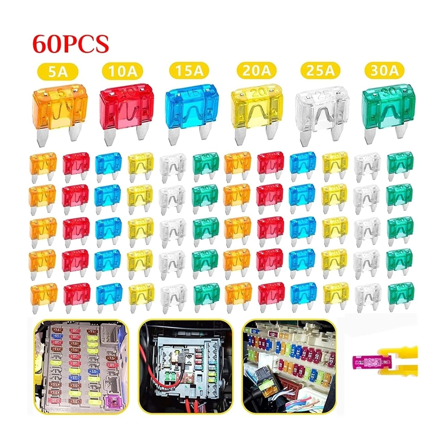 60-300pcs Cars Truck Mini Fuse Mixed Set Kit Auto Car Safety Assortment Blade Replacement 5/10/15/20/25/30A(60PCS)