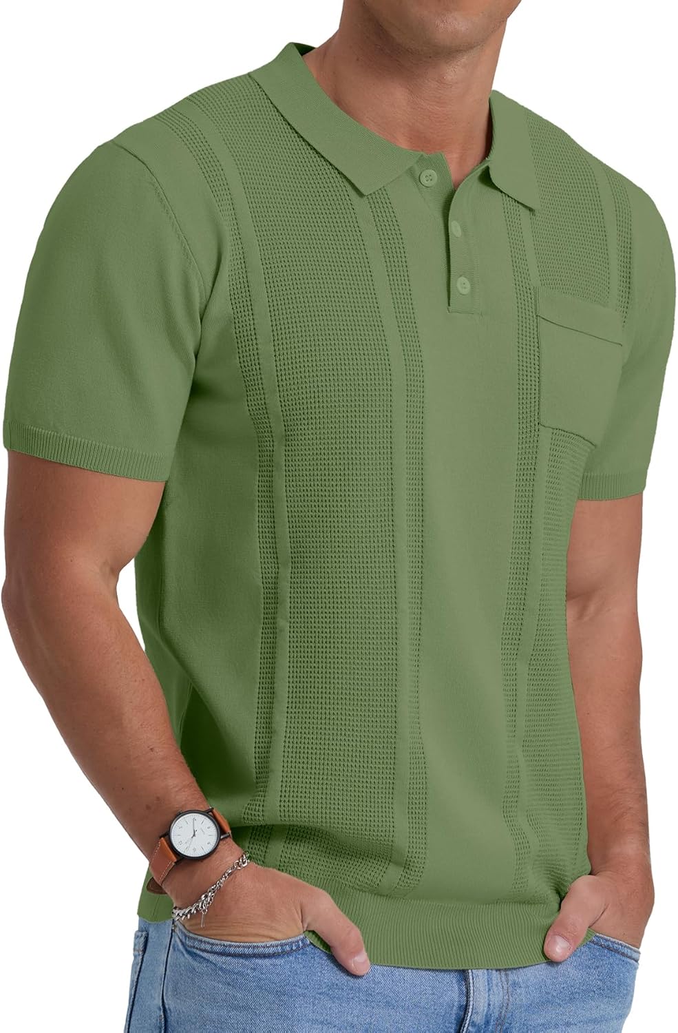 Sailwind Mens Textured Knit Polo Shirts Short Sleeve Summer Collared T Shirt with Pocket - Image 3