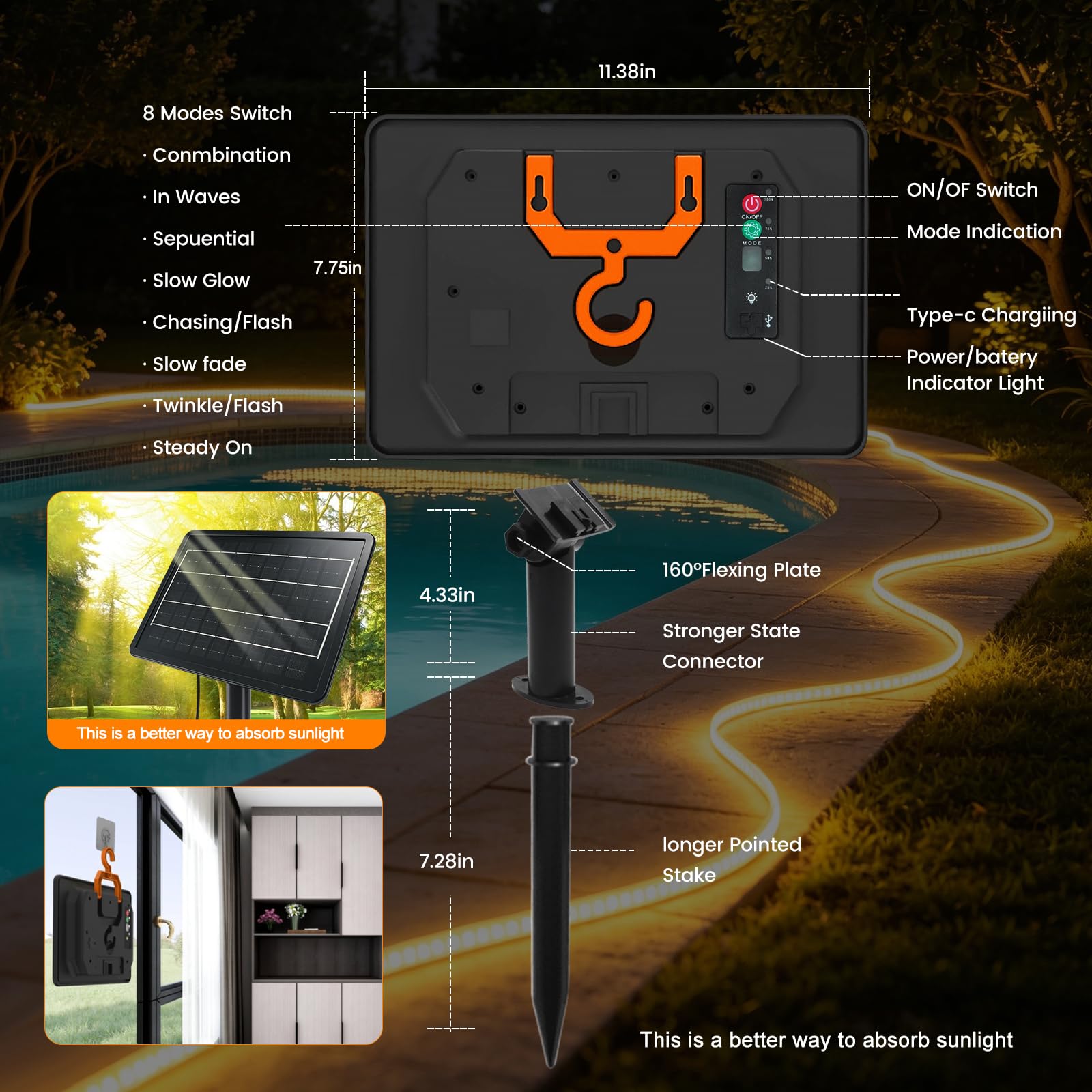 24V 7200mAH Tira LED Solar [10M, Blanco natural 4000-4500K], 240 LEDs/m Tira LED de jardín de silicona solar, flexible e impermeable IP68, 8 modos, iluminación decorativa para el hogar