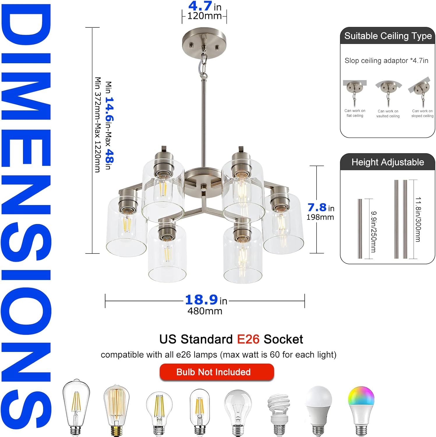 6 Light Chandeliers for Dining Room Light Fixtures Over Table Brushed Nickel Light Fixtures for Dining Room Ceiling Adjustable Height Kitchen Chandelier Over Table with Glass Shades for Kitchen Island