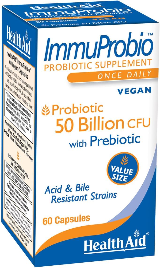 ImmuProbio 60 Caps – 50 Billion CFU with Prebiotic, Once Daily, Acid & Bile Resistant Strains, Dairy Free, Gluten Free, Vegan