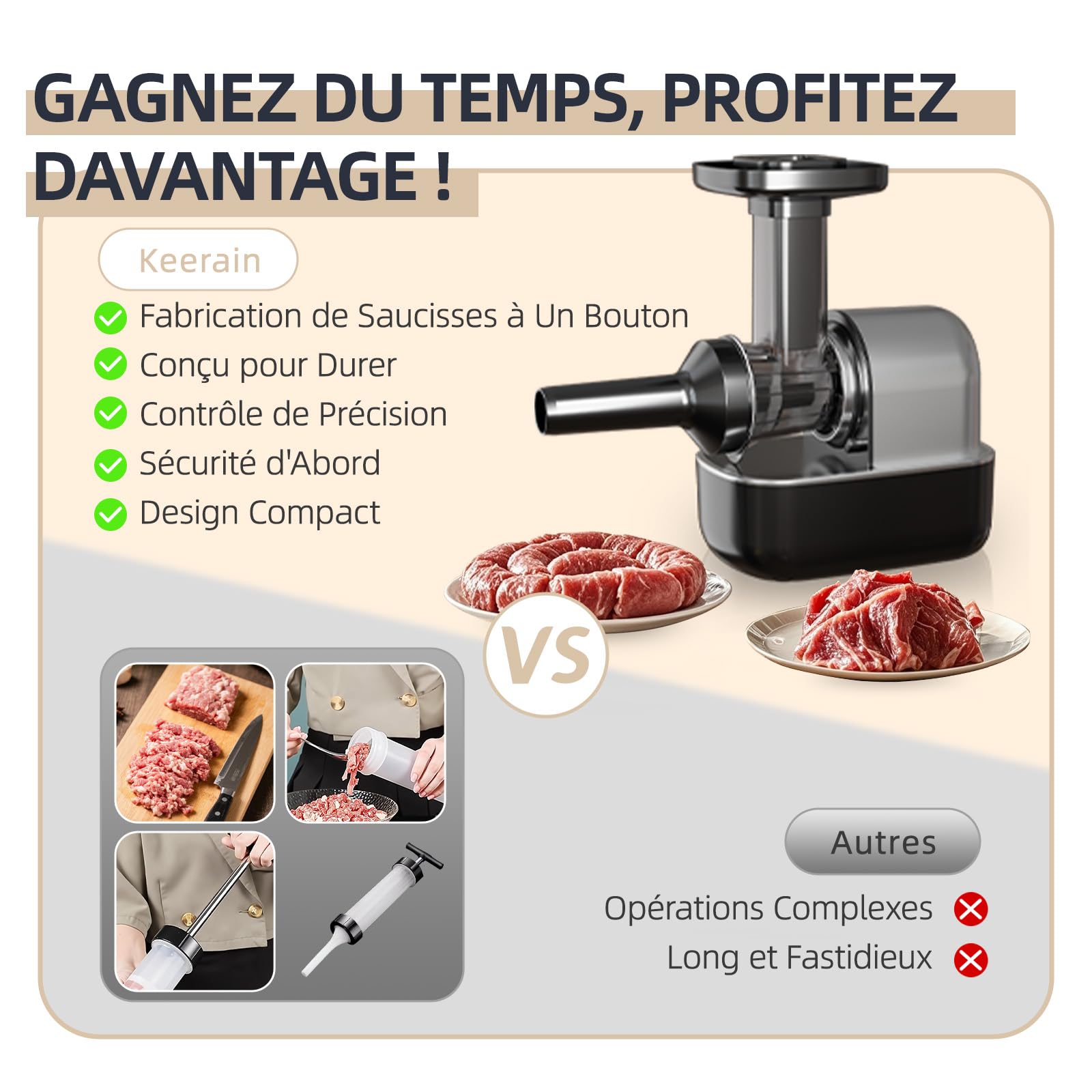 Keerain Presse à Saucisses Électrique Machine à Saucisses Broyeur à Viande avec 3 Accessoires à Saucisses et 1 pour Boulettes de Viande - Pour Viande Saucisses et Charcuterie