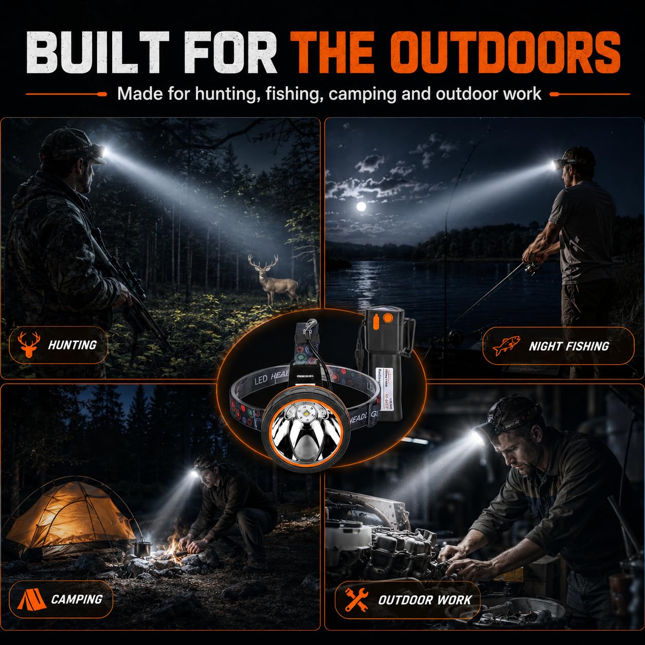 Linterna frontal LED superbrillante de caza de mapaches, recargable de alto lúmenes, impermeable, luz de búsqueda de haz de largo alcance para caza, pesca, al aire libre, camping, linterna frontal
