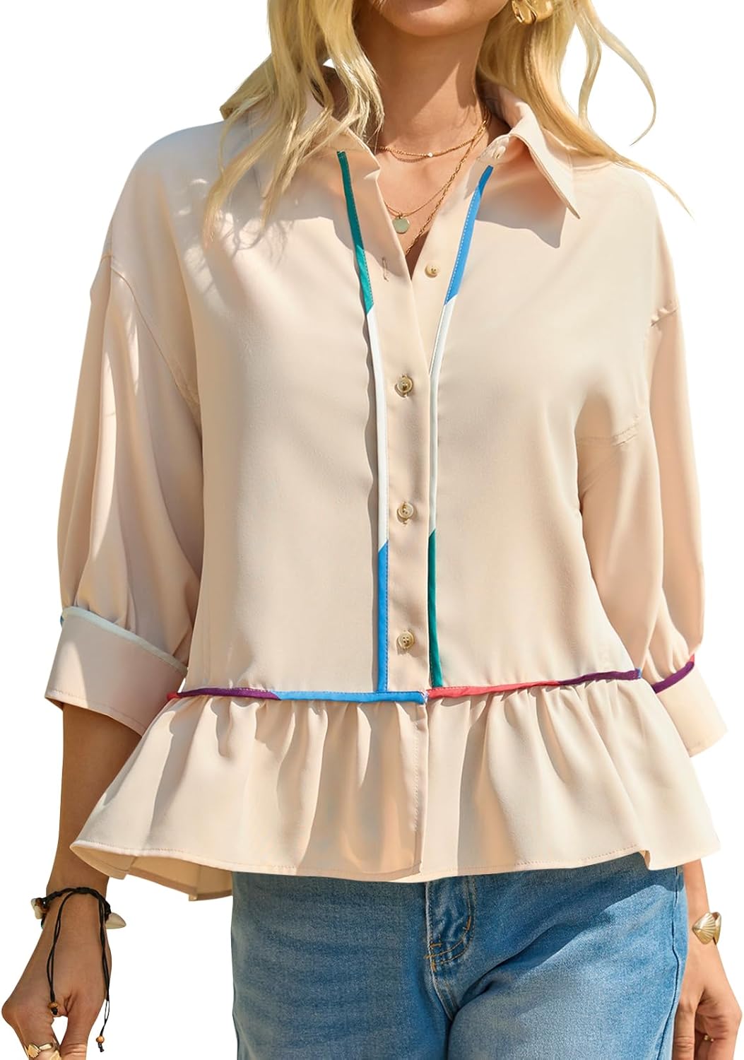 Cicy Bell Womens Summer Peplum Blouses Half Sleeve Button Down Shirts Casual V Neck Ruffle Tops