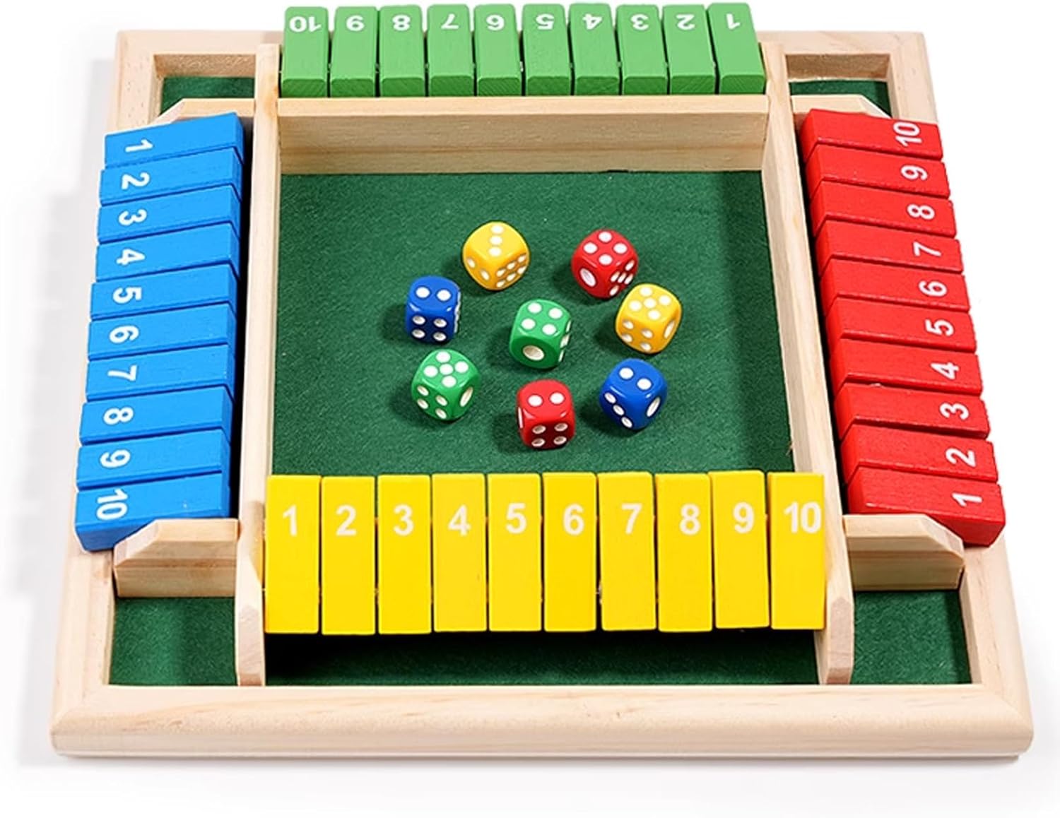Shut The Box Spiel, Klappbrett Spiel Würfelspiel aus Holz 2-4 Spieler Familie Holzbrett Tisch Klassisches Holz Brettspiel mit 8 Würfe Mathematik Lernspielzeug, für Party Kneipe (Vierfarbig)