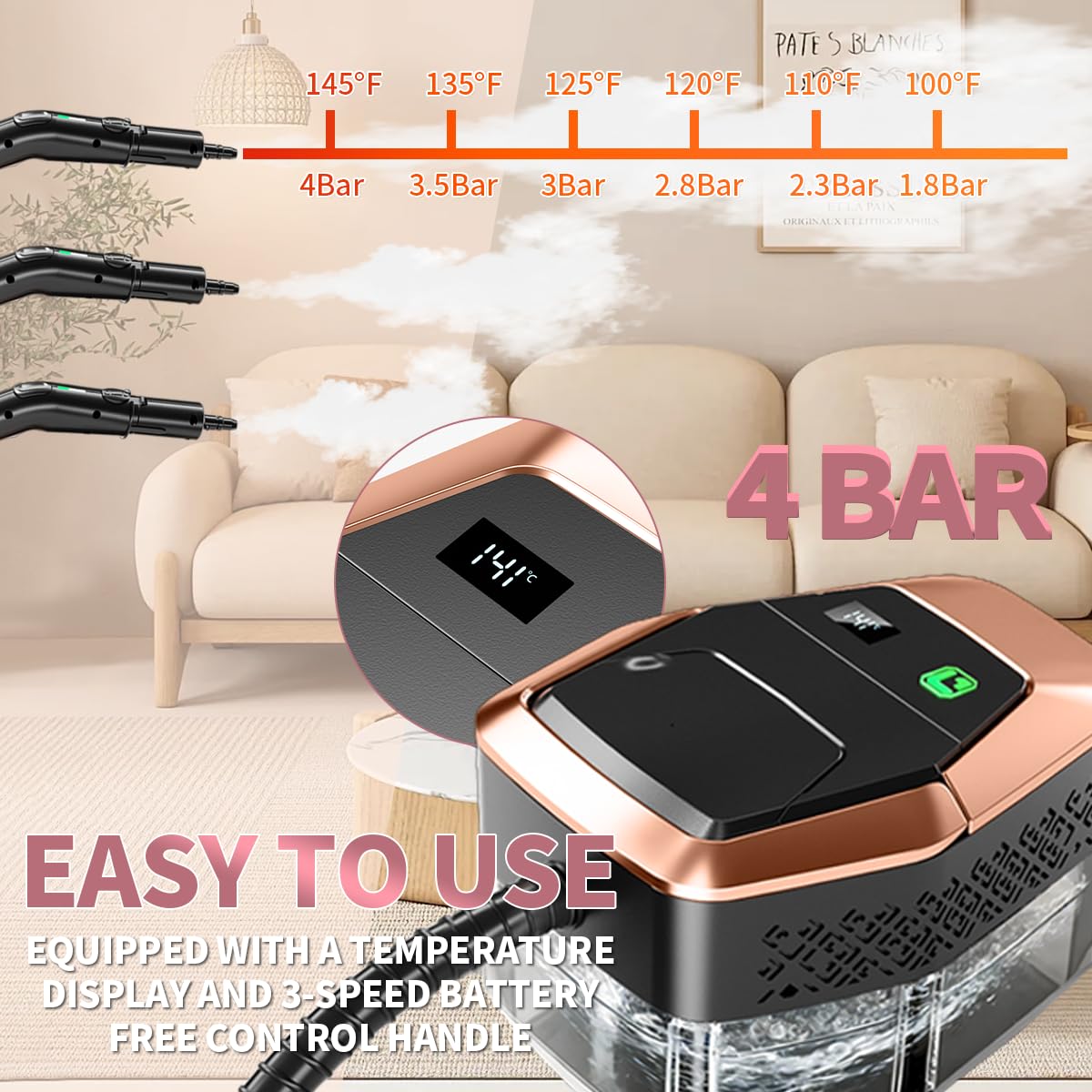 Limpiador de vapor para el hogar y el automóvil, vaporizador ajustable de 3 niveles para limpieza con pantalla de temperatura, calor rápido de 15 segundos, tanque grande de 1.8 L, vapor potente de 4