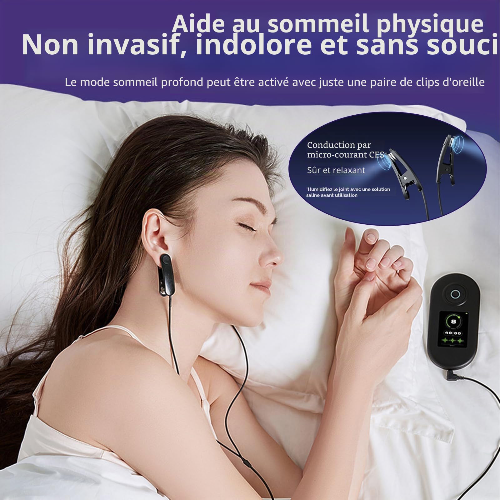 Appareil d'aide au sommeil avancé, appareil de stimulation du nerf vague avec clips d'oreille, aide au sommeil, CES réduit l'anxiété, appareil d'aide au sommeil micro courant, 3 modes 9 forces, charge