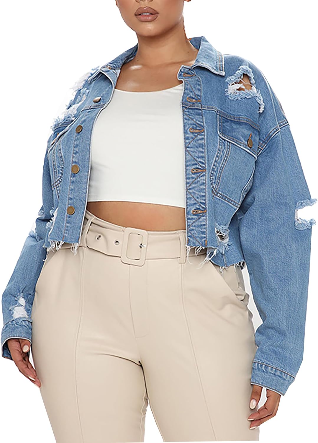 Women's Cropped Denim Jacket Distressed Long Sleeve Button Down Jean Jacket