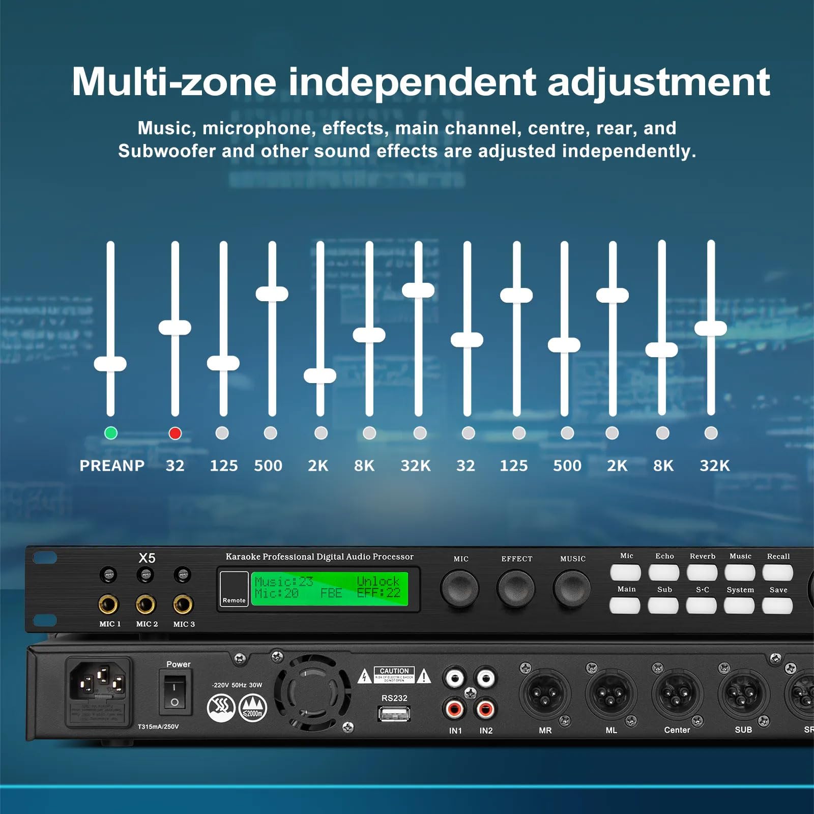 Effettuatore digitale professionale pre-stadio, 3 ingressi microfono, processore audio anti-ulula, regolazione equalizzatore microfono a 15 bande, per karaoke, palcoscenico, chiesa, performance
