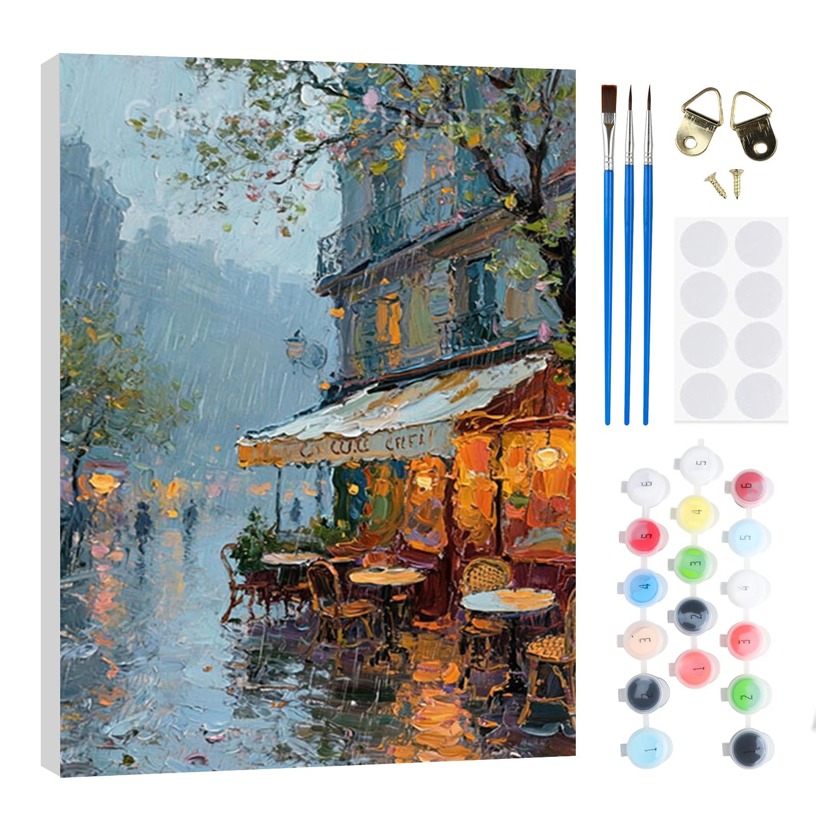 RICUVED Coffee Shop Painting by Number Kits for Adult, DIY Landscape Canvas Oil Painting Kit for Kids or Beginner with Paint Brushes Acrylic Pigment Drawing Paintwork with Wooden Frame 20x30cm