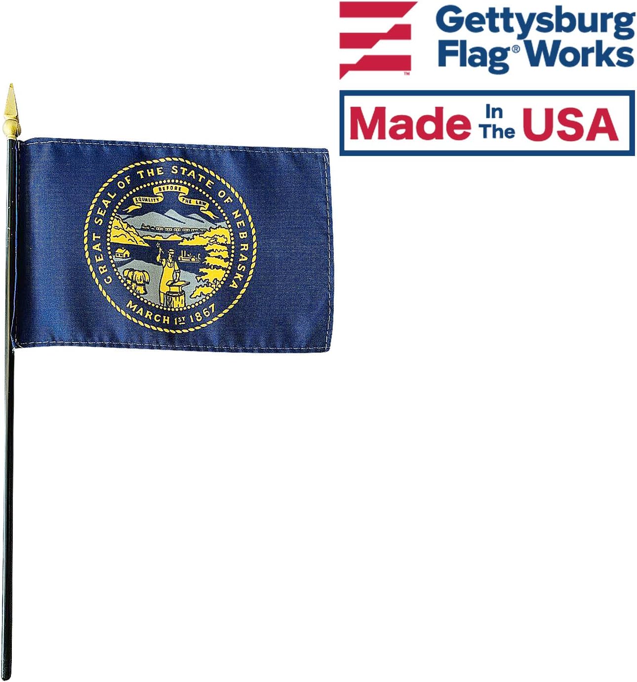 4x6" E-Gloss Nebraska Stick Flag w/U.S. Stick Flag & 2 Flag Plastic Table Base - Qty 3