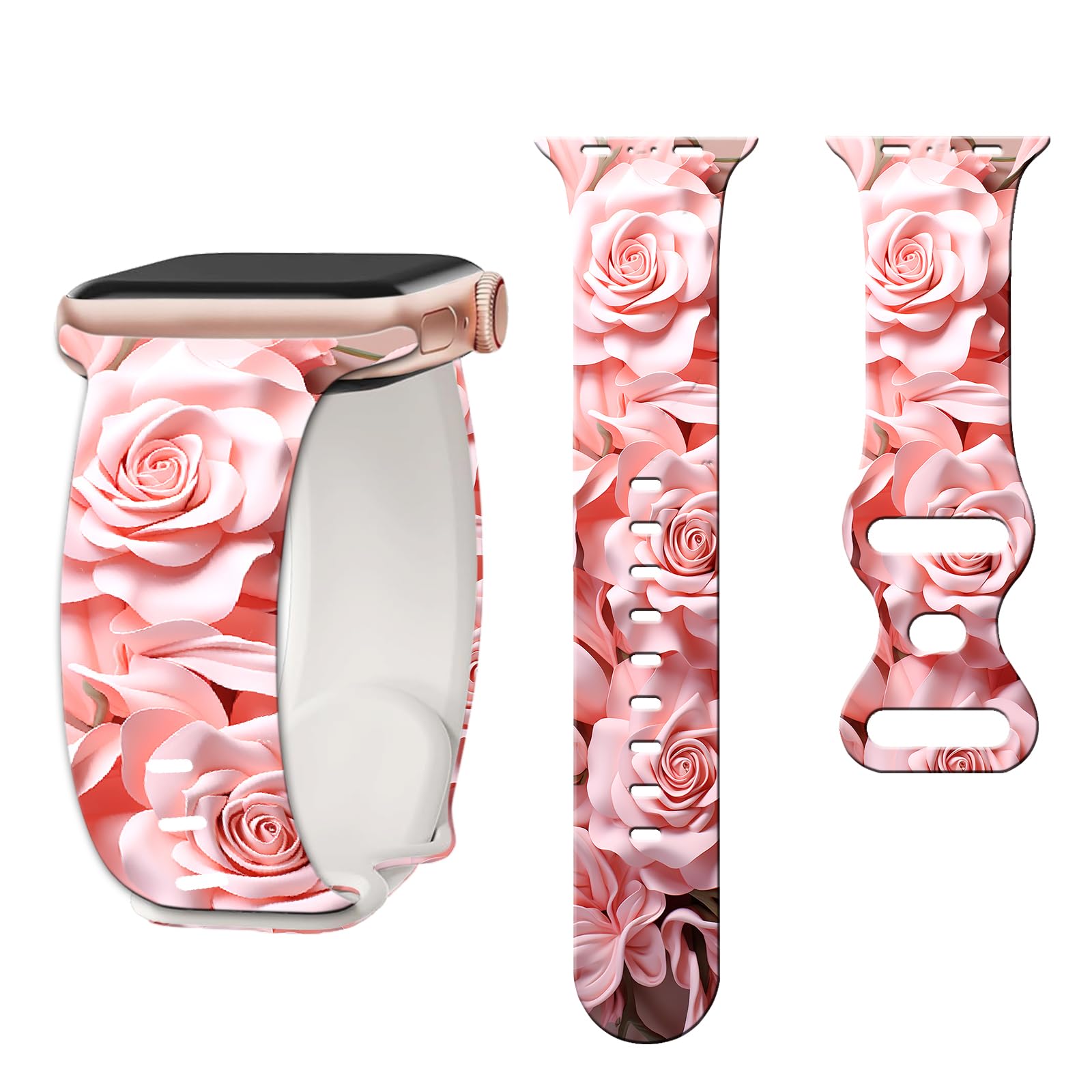 Sport Band Compatible with Apple Watch Bands 49mm 45mm 44mm 42mm 41mm 40mm 38mm Women, Silicone Floral Printed Fadeless The roses Pattern Design Strap for iWatch Series10,9,8,7,6,5,4,3,2,1,SE