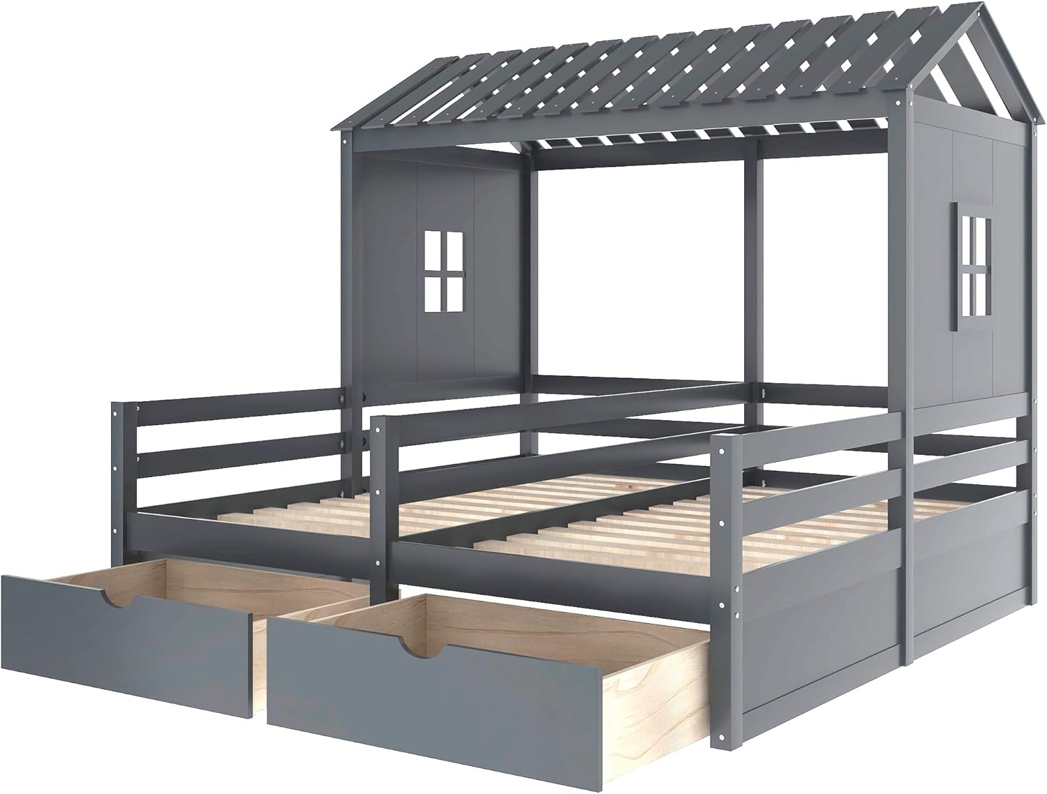 P PURLOVE Twin Double Shared Bed,Twin Size House Platform Beds with Two Drawers for Boy and Girl Shared Beds, Montessori House Bed Frame Combination of 2 Side by Side Twin Size Beds,Gray
