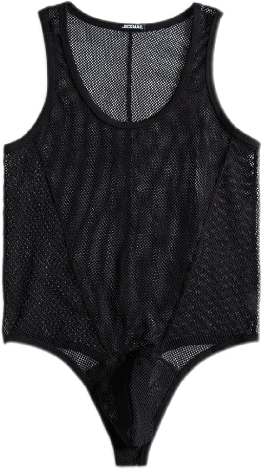 JOCKMAIL Men's Mesh Bodysuit Sexy Fishnet T-back Lingerie Sleeveless Transparent Jumpsuit Athletic Fit Breathable