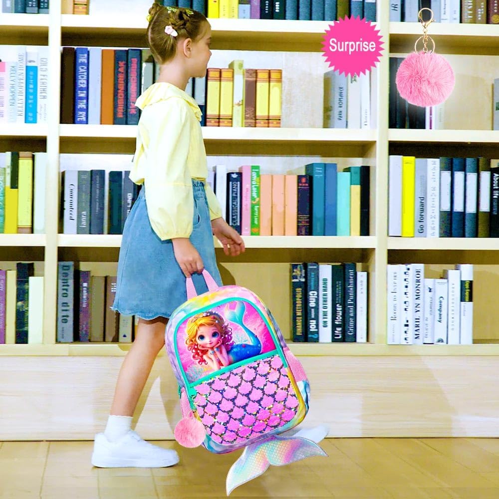 3Pcs Mermaid Backpack for Girls, 16" Sequins Kids Bookbag with Lunch Box, School Backpacks Set for Elementary Preschool Kindergarten(Pink) - Image 2