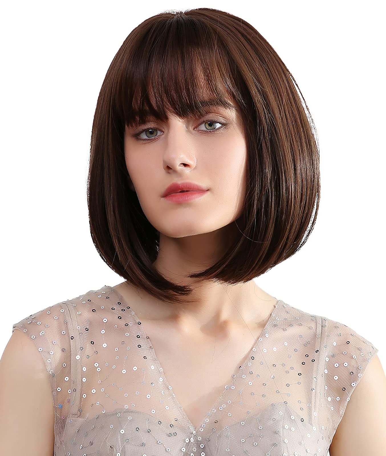 OSEN Short Bob Cut Hair Wigs with Bangs for Women Full Head Dark Brown Synthetic Heat Resistant Hair Extension Wigs – (2 Wig Caps,1 Carry Bag)-picture-21