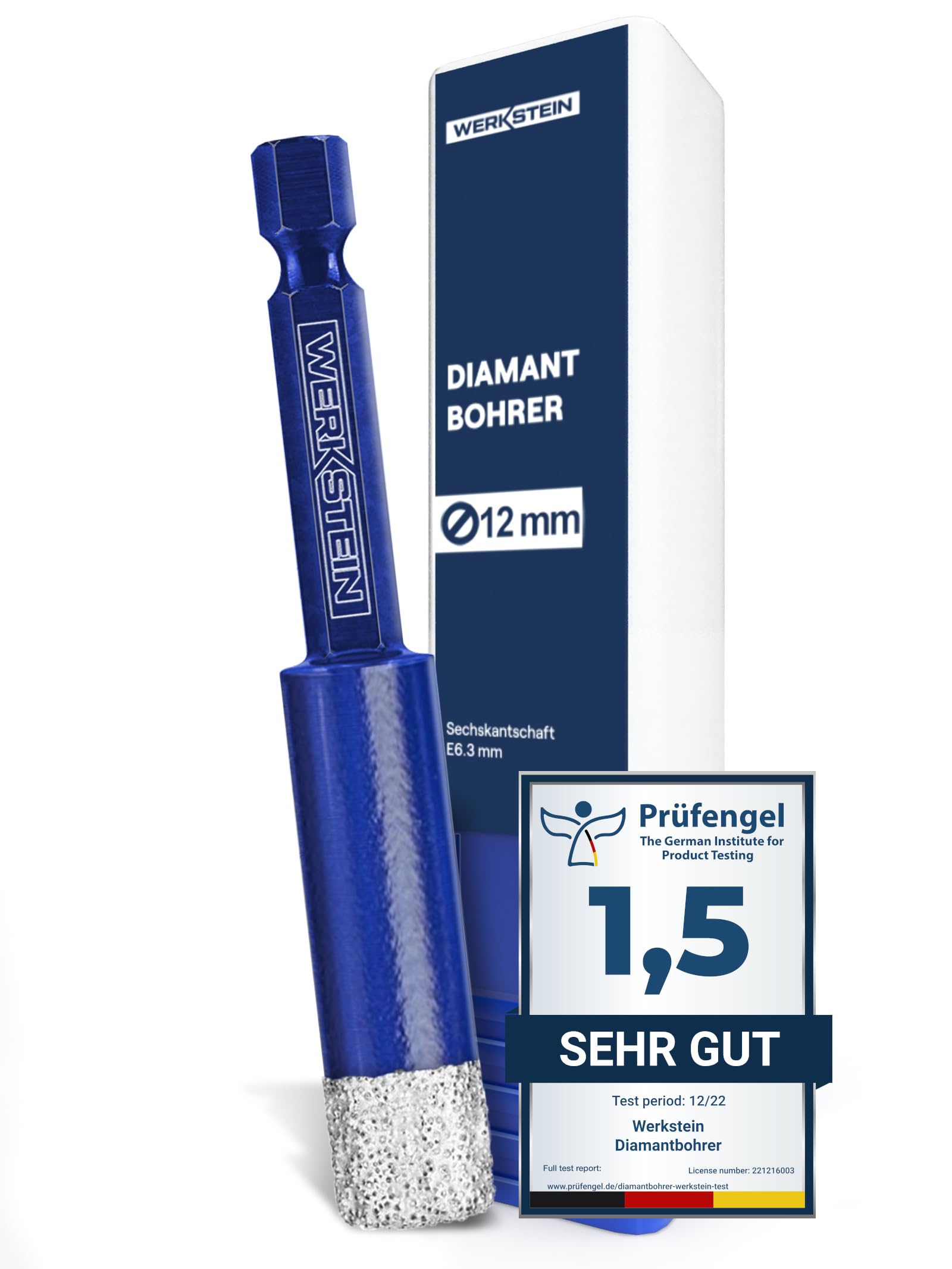 WERKSTEIN® Fliesenbohrer mit Diamantbohrkronen [12mm] - Diamantbohrer für Fliesen & Feinsteinzeug - Robuster Fliesenbohrer mit Sechskantschaft - Bohrer für Granit, Keramik & Naturstein