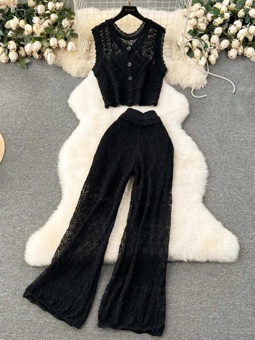 Women Suit Bohemian Holiday Hollow Out V-Neck Knitted Top+High Waist Wide Leg Two Piece Set
