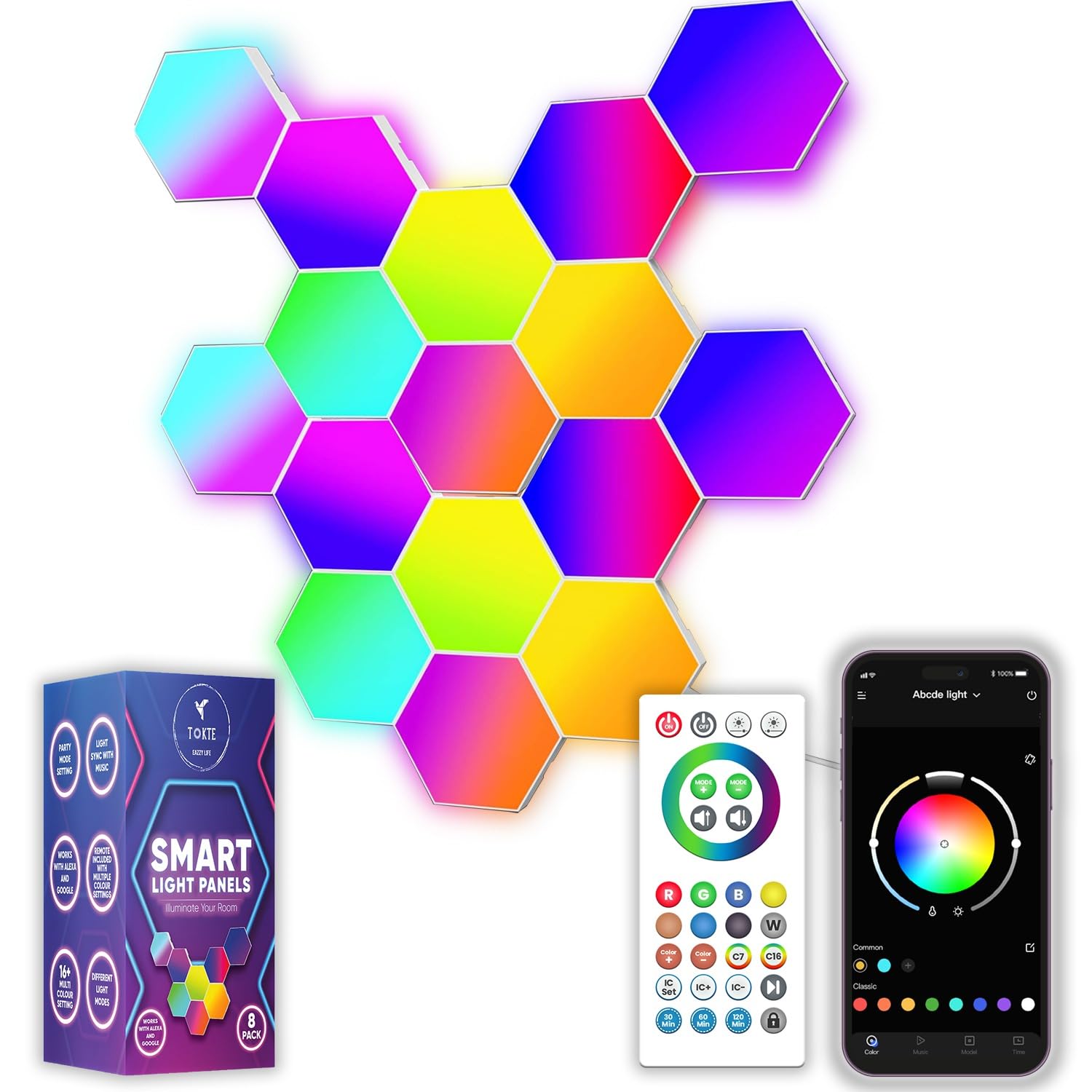 Paquete de 16 luces LED hexagonales RGB, paneles de pared con aplicación y control remoto, sincronización de música, juegos, sala de estar, dormitorio