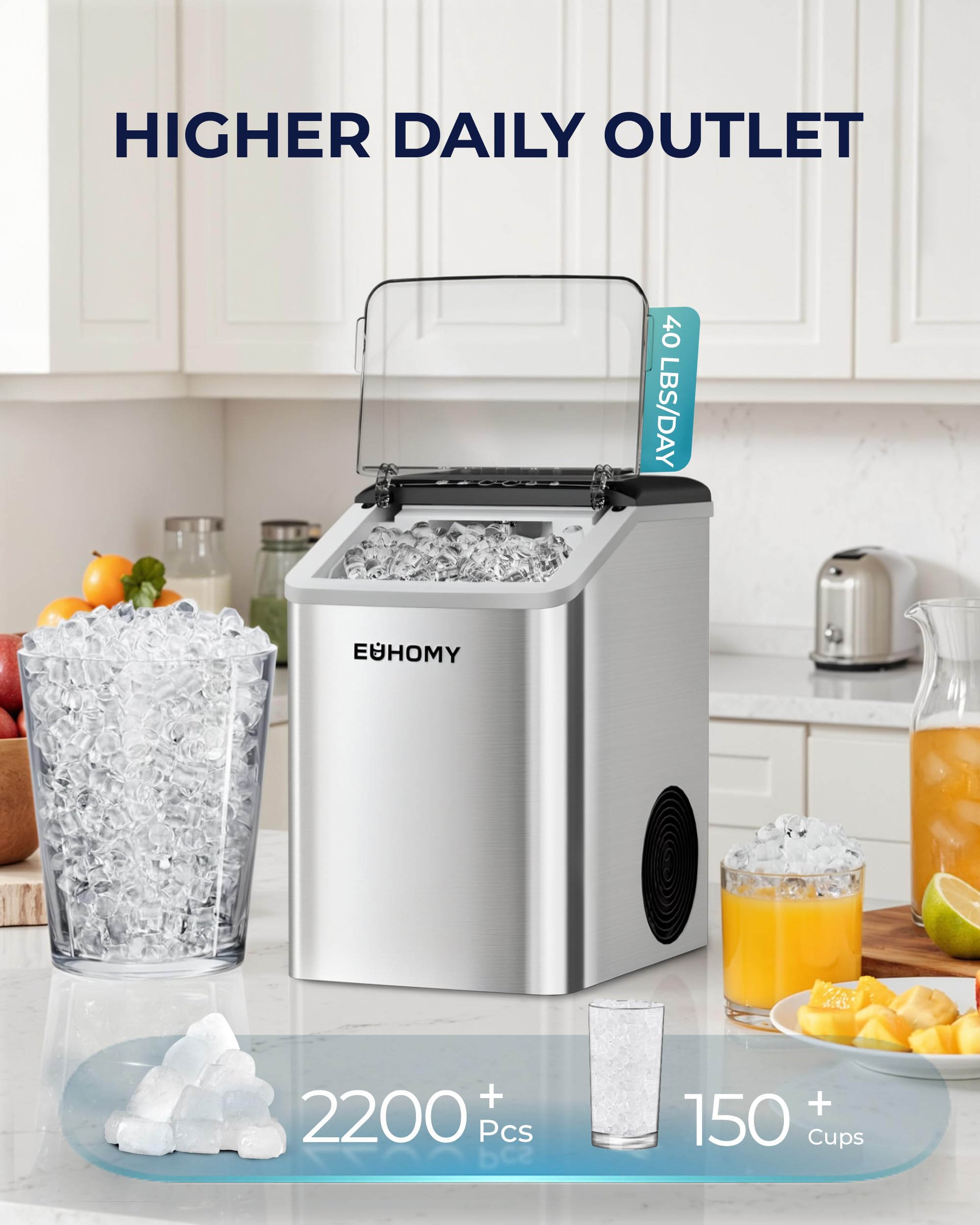 Euhomy Nugget Ice Maker Countertop, Max 40lbs/Day, Auto-Cleaning, 2qt Reservoir, Compact Sonic Ice Maker With 2.5lbs Basket And Scoop, Soft Chewable Nugget Ice For Home/Party/RV/Camping (Stainless) on Fridge.com - View 2