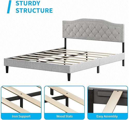 Miniatura 7 de Mjkone Base de cama tamaño King con cabecera ajustable, marco de cama tapizado con diseño capitoné con botones, no necesita somier, base de cama