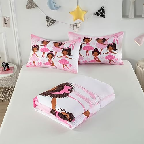 Miniatura 5 de Juego de edredón de bailarina rosa para niñas, juego de ropa de cama para niñas afroamericanas, lindo juego de edredón de princesa ballet para niños