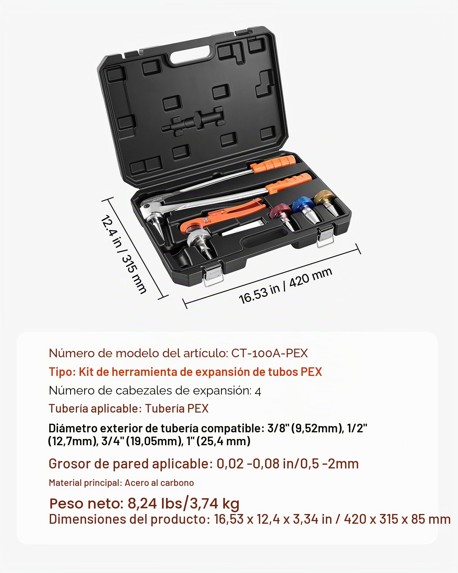 VEVOR Herramienta Expansor de Tubos PEX, Kit Manual para Expandir Tubería con 4 Cabezales de Expansión de 9,52 a 25,4 mm con Cortatubos, Lubricante para Instalaciones de Sistemas de Agua y Calefacción