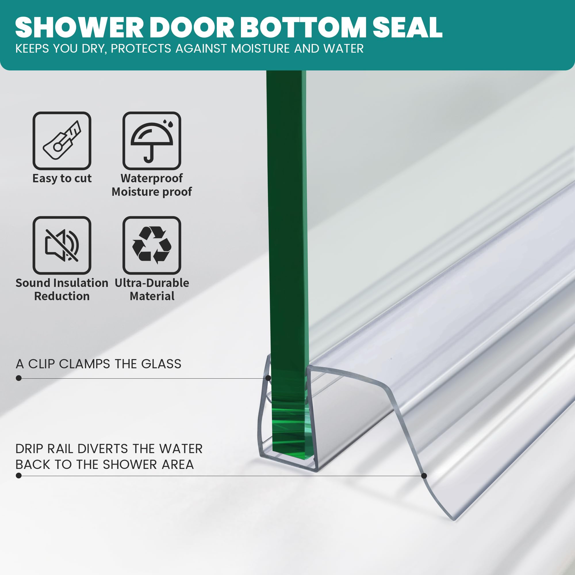Shower Glass Door Bottom Seal Strip – 2 Pack, 36 Inch Long – Clear PVC For 5/16” (8mm) Frameless Glass Doors