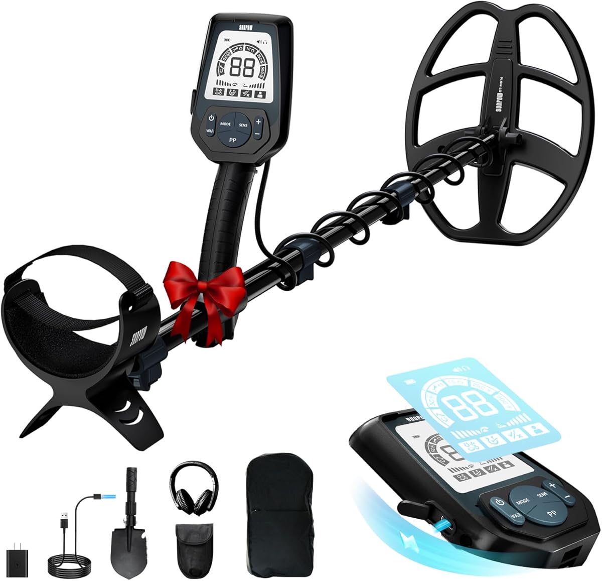 SUNPOW Professional Metal Detector for Adults Rechargeable - 6 Metal ID, IP68 Waterproof Coil, LCD Display, 5 Search Modes Metal Detector for Beach/River/Outdoor Treasure Hunting, OT-MD16