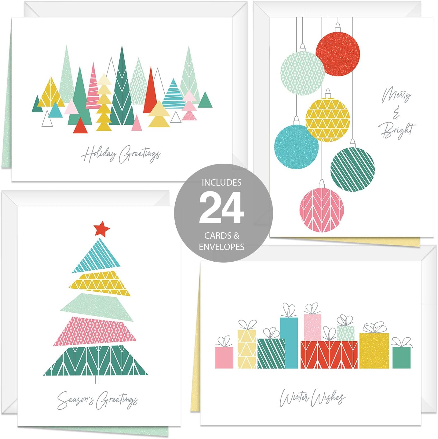 Modern Pattern Holiday Card Pack / 24 Cards With White Envelopes / 4 Fun Vibrant Winter Designs / 4 5/8" x 6 1/4" Festive Christmas Note Cards