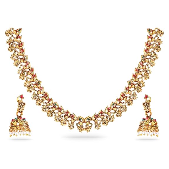Rubans Gold-Plated Ruby/Red/Pink & Emerald/Green stone studded Handcrafted Jewellery Set - Ideal for Weddings & Special Occasions