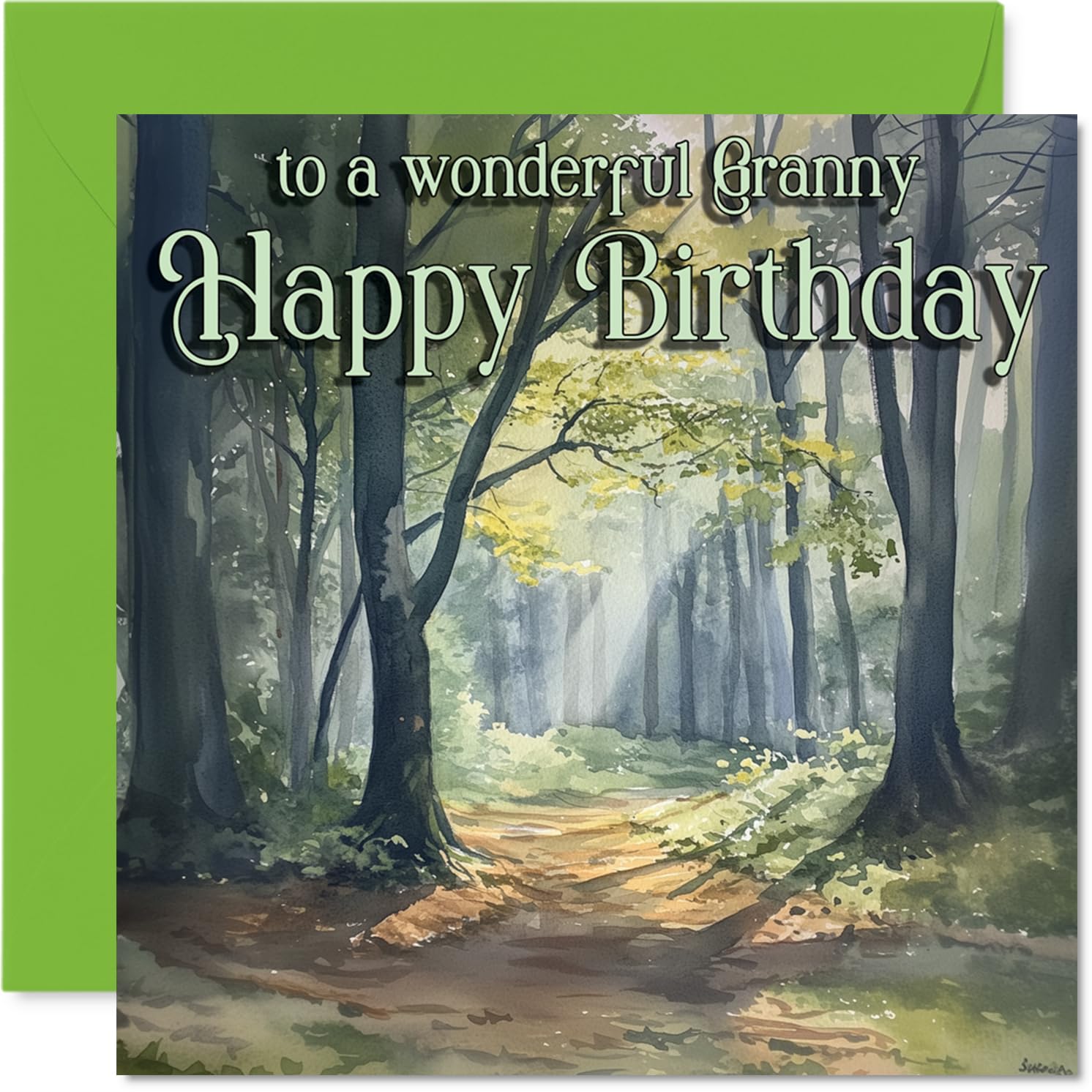 Heartfelt Birthday Card for Granny - Gentle Forest Magic for Granny - Serene Green Woodland Scene - A Warm and Thoughtful Birthday Wish - 145mm Square, Envelope Included