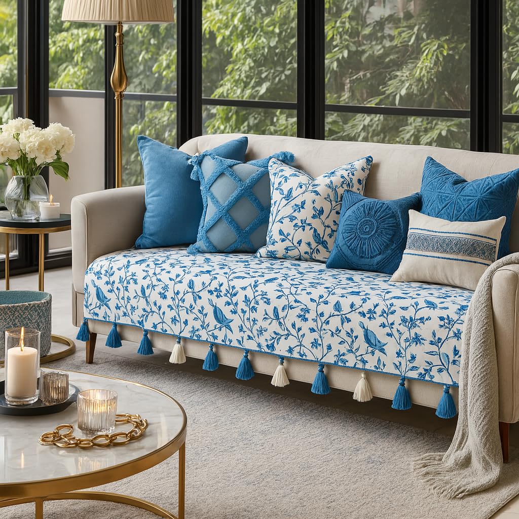 WWW.THROWPILLOW.IN Chinoiserie Blue Bird Sofa Cover with Tassels Three Seater Anti-Slip Sofa Cover 3 Seater- Heavy-Duty, Scratch-Resistant-Sofa Seat Cover 3 Seater