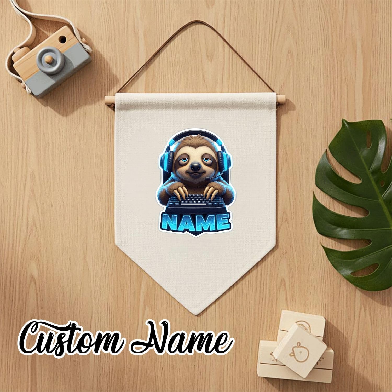 Personalized Gamer Sloth Canvas Wall Hanging Pennant, Custom Name Door Sign for Boys Girls Room, 6.8 x 6.6 Inch Gaming Theme Wall Art Decor image 3