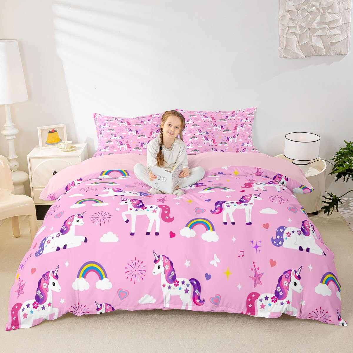 Housse de couette licorne avec taie d'oreiller pour lit double enfant