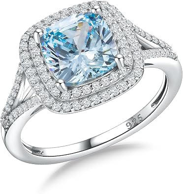 Birthstone Rings for Women 925 Sterling Silver Created Gemstone Cubic Zirconia Ring Heart/Pear/Round/Cushion/Emerald/Oval Engagement Double Halo Ring Size 6 to 10