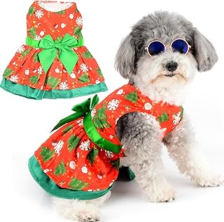 Zunea Christmas Dog Dresses for Small Dogs Girl Snowflake Santa Claus Reindeer Snowman Xmas Tree Pattern Puppy Dress with Green Bow Knot Christmas Skirt Pet Costumes Female Dog Clothes Outfits Red L