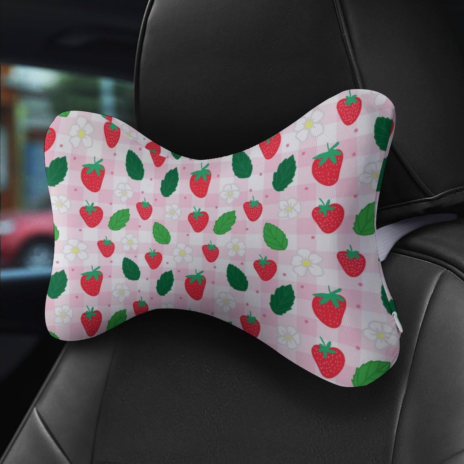 Strawberry Leaves Strawberry Flower Car Neck Pillow Set of 2 Car Seat Head Support Cushion Bone Pillows with Elastic Strap