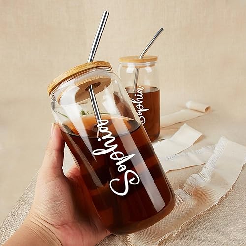 Miniatura 5 de Vaso de vidrio personalizado con popote y pajita, taza de café helado con nombre, regalo de fiesta nupcial, lata de vidrio personalizada de 16