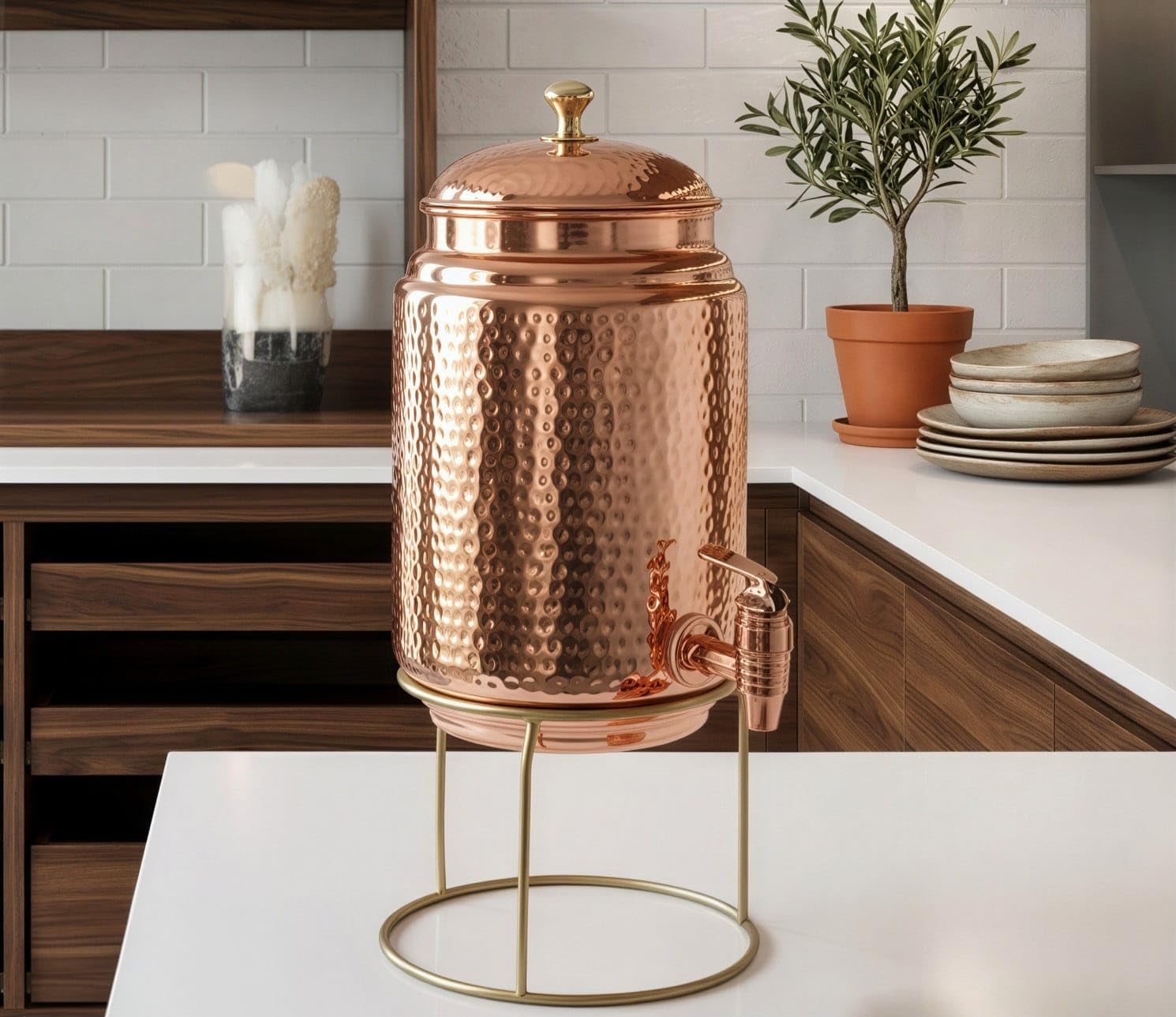 Giftonia 5 Litre Pure Copper Jointless Hammered Water Dispenser with Golden Stand | Ayurvedic Copper Matka/Container Pot for Drinking Water (5000 ml)-image-41