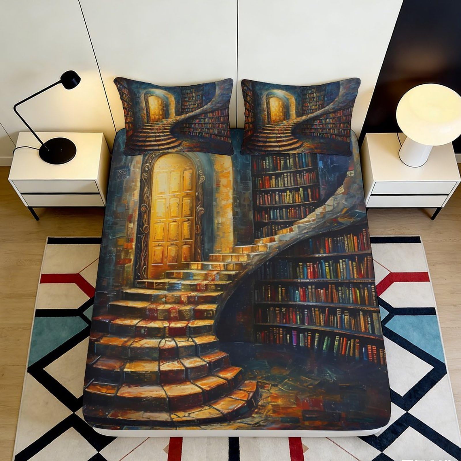 3D Printed Bookshelf Staircase Fitted Sheet Microfiber Deep Pocket Bedroom Bedding Bookshelf Mattress Fitted Cover Non-Slip Washable 160x200x25cm