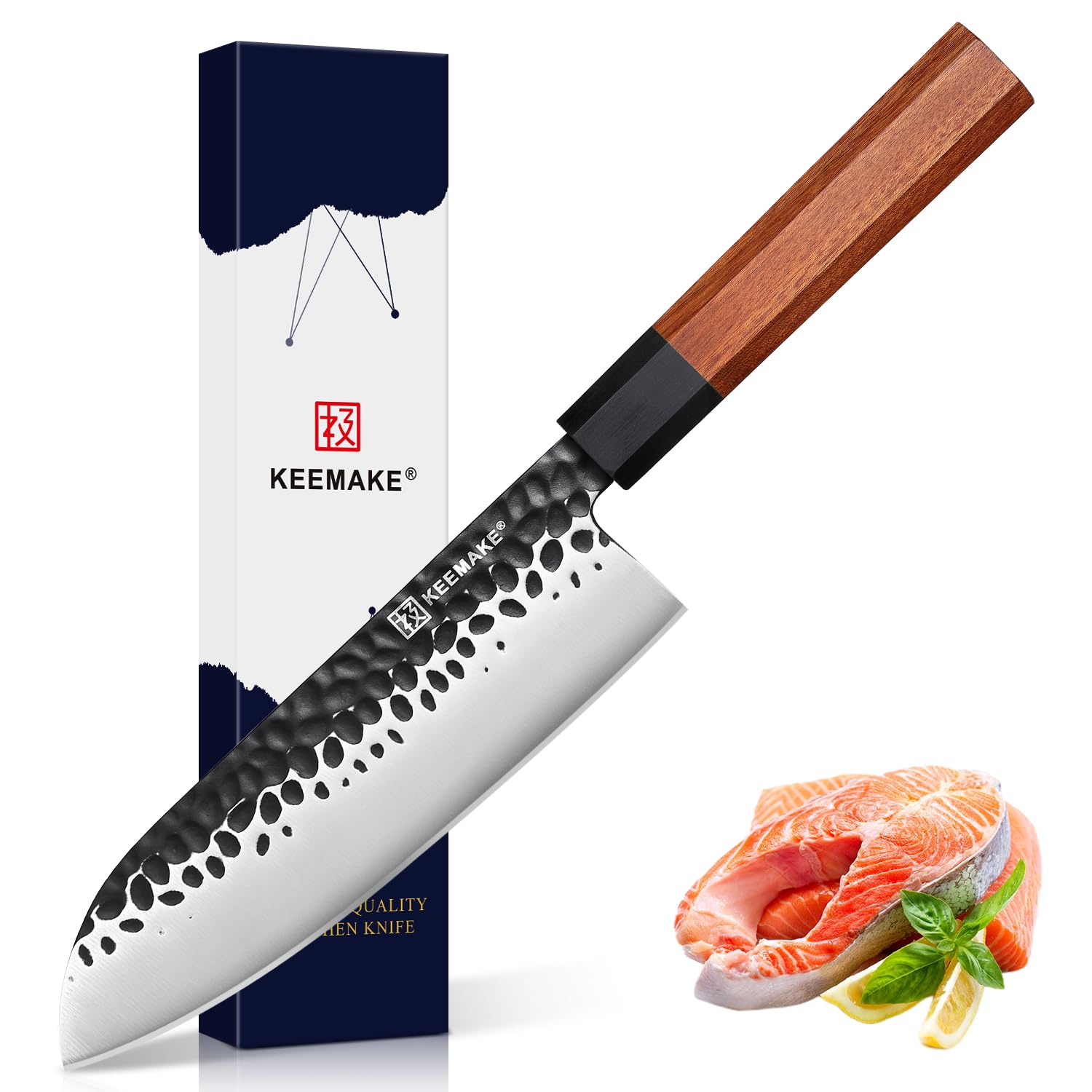 KEEMAKE Santoku Knife 7 inch Chef Knife, Japanese 440C Stainless Steel Kitchen Knife, Porfessional Cooking Knife for Meat Cutting with G10 Bolster Octagonal Wood Handle