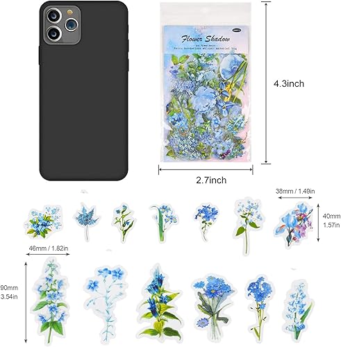 Miniatura 3 de Juego de 100 calcomanías de flores azules, lindas hojas florales, calcomanías impermeables transparentes para planificadores de diario, álbumes de